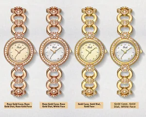 Dettaglio di quattro orologi a bracciale al quarzo di lusso con castoni di strass fini