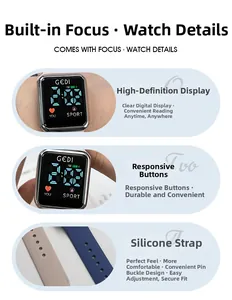 Detail view of large digital LED screen with pink and blue silicone sports watch straps