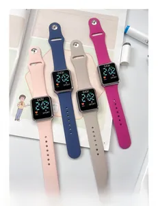 Detailed view of four colorful digital sports watches with soft silicone wristbands