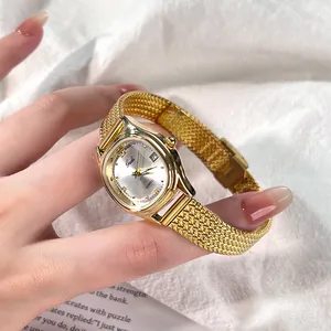 Elegant gold quartz watch for women with wheat ear mesh band and date window