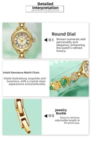 Detail view of the vintage gold watch with green chalcedony inlays and jewelry clasp