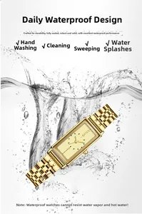 Macro shot of gold rectangular watch with splashing water showing daily waterproof performance
