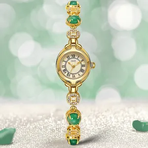 Women Vintage Gold Quartz Watch With Chinese Style Green Chalcedony Look Stones And Copper Coin Alloy Bracelet Jewelry Buckle Rhinestone Roman Numeral Dial Waterproof Elegant Wristwatch