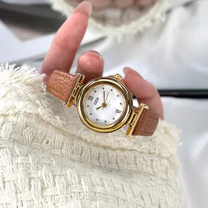 Luxury quartz watch for women with mother of pearl dial and brown leather strap