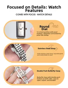 Macro view of rectangular quartz watch dial and silver stainless steel link strap