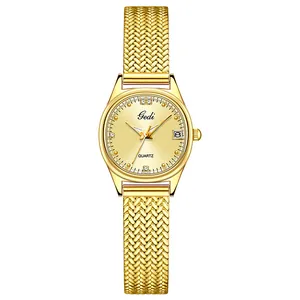 Elegant gold quartz watch for women with wheat ear design and Milanese mesh band