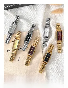 Flat lay of rectangular quartz watches with vintage metal bands in various color options