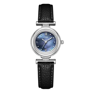 GEDI quartz watch for women featuring a purple mother-of-pearl dial and black leather strap