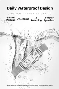 Close-up of Gedi rectangular dual-dial watch showing water resistance with water splashes