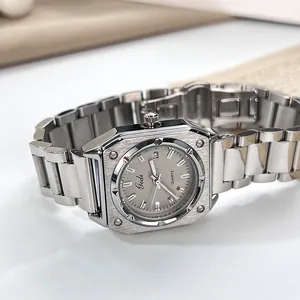 Sleek square quartz watch with silver stainless steel strap and grey dial with date window