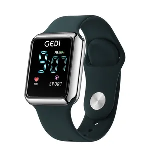 Digital sports watch with dark green silicone strap and silver square metal case