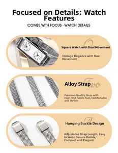 Détails d'une montre carrée à double cadran avec bracelet en maille argentée réglable