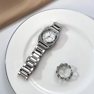 Elegant women's square silver quartz watch and adjustable twisted metal ring jewelry set