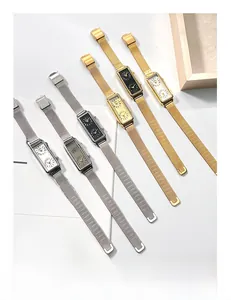 Dual time zone rectangular watches with metal mesh straps in gold and silver finish