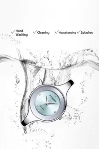 Waterproof quartz bangle watch with silver metal strap and water splash effect detail