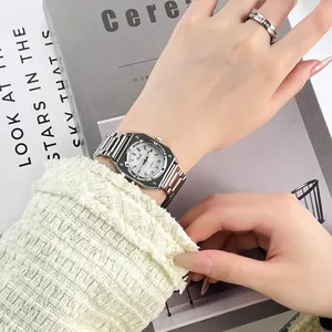 Elegant silver square quartz watch with stainless steel band and industrial octagonal bezel