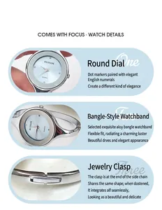 Detail view of quartz bangle watch showing blue dial, alloy band, and jewelry clasp