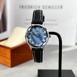 Orologio al quarzo vintage da donna con quadrante blu e cinturino in pelle nera