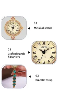 Détails d'une montre-bracelet à quartz dorée avec perles turquoise et cadran romain