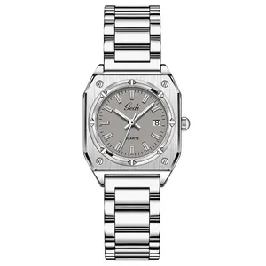 Modern Gedi square silver stainless steel watch with brushed dial and date display