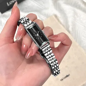 Elegant rectangular silver steel watch with black dial and GEDI logo for women