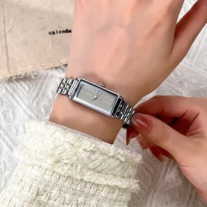 Elegant rectangular stainless steel silver watch for women with minimalist gray dial