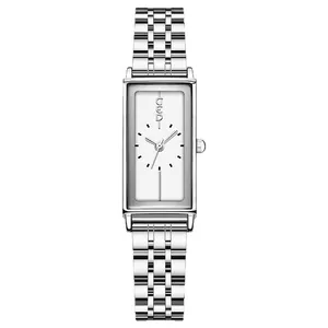 Elegant vintage rectangular silver steel watch with minimalist white dial for women