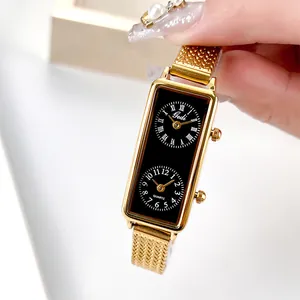 GEDI Women Vintage Square Watch Dual Time Zone Quartz Movement Gold Mesh Strap Rectangular Waterproof Ladies Wristwatch