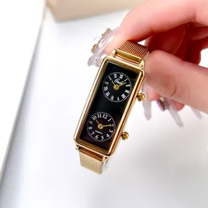 Women Retro Rectangular Quartz Watch Dual Time Double Dial Design Stainless Steel Mesh Strap Waterproof Elegant Wristwatch