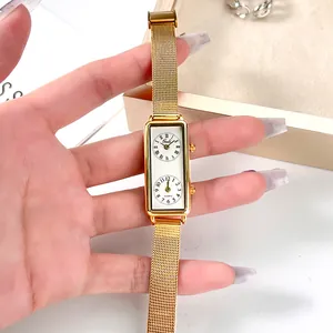 Retro rectangular gold quartz watch for women with dual dials and mesh steel strap