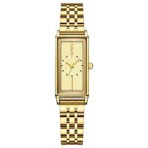 Elegant gold rectangular steel strap watch for women featuring a minimalist champagne dial