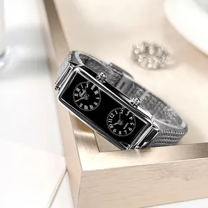 Montre vintage Gedi rectangulaire avec double fuseau horaire et bracelet argenté