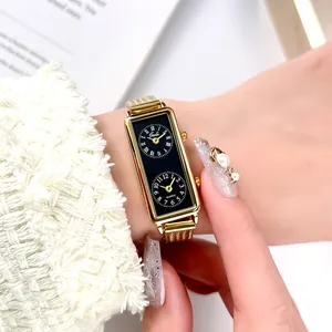 Vintage gold rectangular dual-dial watch for women with stylish Milanese mesh band