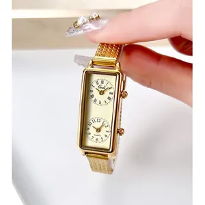 Vintage rectangular gold watch with dual time zones and elegant mesh strap for women