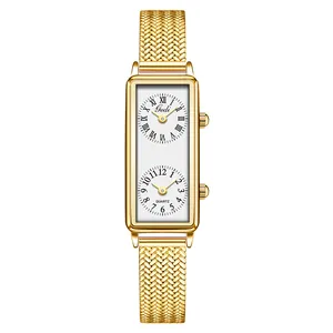 Elegant gold square dual-dial watch for women with Milanese mesh strap and quartz movement