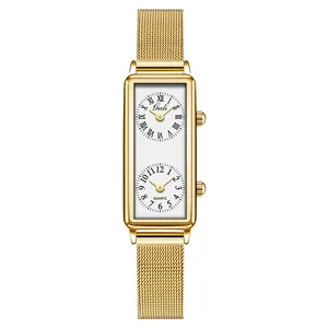 Elegant gold rectangular dual timezone quartz watch with a metal mesh strap for women