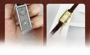 Detail of vintage dual-time rectangular watch with silver and gold cases and leather straps