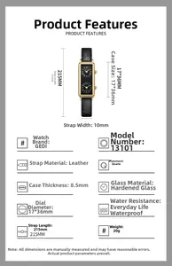 Detailed specifications of dual timezone quartz watch with rectangular gold case