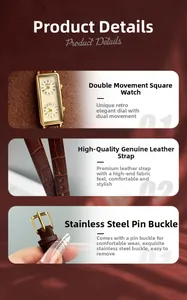 Detail view of dual movement quartz watch with brown leather strap and gold buckle