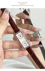 Detail view of rectangular silver dual-dial watch with brown crocodile leather strap