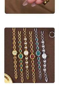 Close-up of six emerald and pearl jewelry quartz watches with metallic chain bracelets