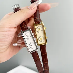 Vintage rectangular dual timezone watch with leather strap in gold and silver