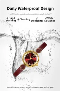 Gros plan d'une montre femme étanche avec cadran rouge éclaboussant dans l'eau claire