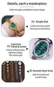 Detail of emerald green oval dial with crystal indices and pearl bracelet watch strap