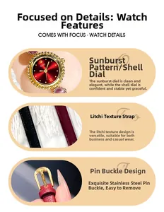 Détail du cadran rouge soleil et du bracelet en cuir texture litchi avec boucle dorée