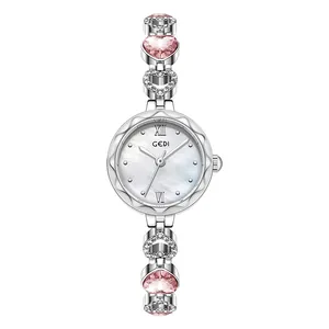 Silver women's heart bracelet watch with pink crystals and mother-of-pearl dial