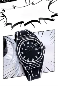 Macro shot of a black 2D cartoon style watch with white outlines and date display