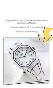 Close-up of GEDI 2D comic style watch featuring white dial and date window display