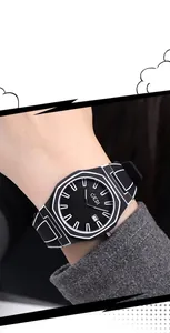 Close-up of GEDI octagon watch with 2D cartoon outlines on wrist with grey sweater