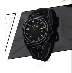 Detail view of octagon silicone watch with sketch style finish and luminous green hands